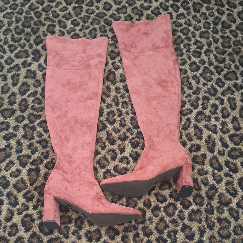 Jeffrey Campbell Women's Parsah Boots Pink Over the Knee Stretch Faux Suede 8.5